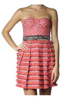 Matthew Williamson Strapless Pink and Orange Tiered Ruffle Dress UK size 12